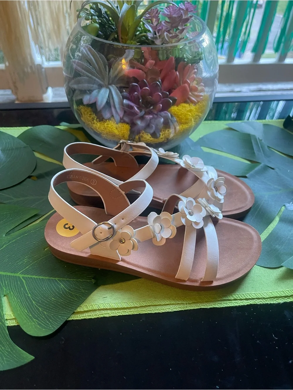 Girls White Floral Strap Sandals with Flower Accents